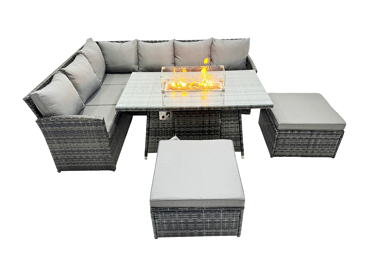 Fimous 8 Seater Rattan Garden Furniture High Back Corner Sofa Gas Fire Pit Dining Table Sets Gas Heater with 2 Big Footstool Dark Grey Mixed