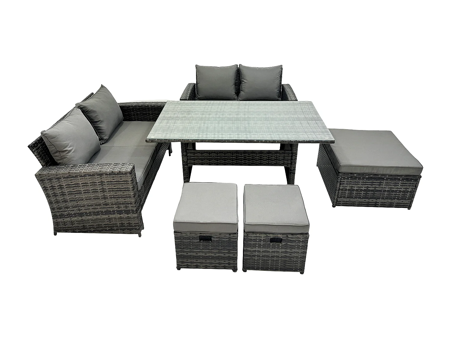 7 Sitzer Hoher Rücken Gartengartenmöbel Rattan Sofa Esstisch Set mit 3 Fußhockern Dunkelgrau gemischt