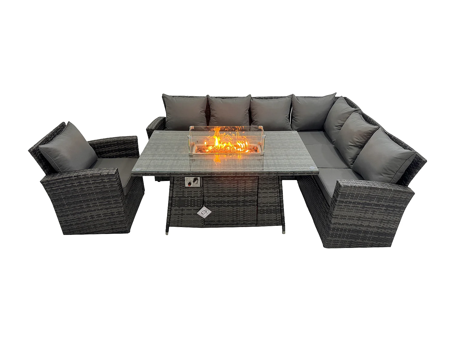 Fimous High Back Rattan Corne r Sofa Set Garden Furniture Sofa Gas Fire Pit Dining Table Gas Heater Chair 7 Seater