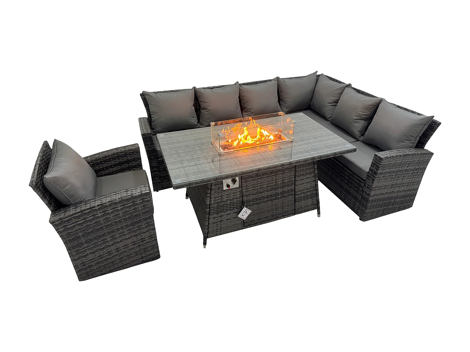 Fimous High Back Rattan Corne r Sofa Set Garden Furniture Sofa Gas Fire Pit Dining Table Gas Heater Chair 7 Seater