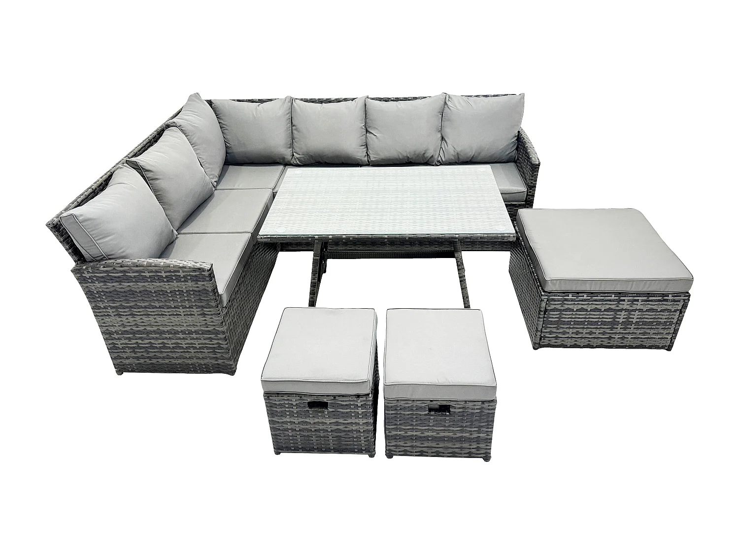Outdoor Gartenmöbel-Set Ecksofa Set mit Länglicher Esstisch 3 Fußhockern 9 Sitzer Dunkelgrau gemischt