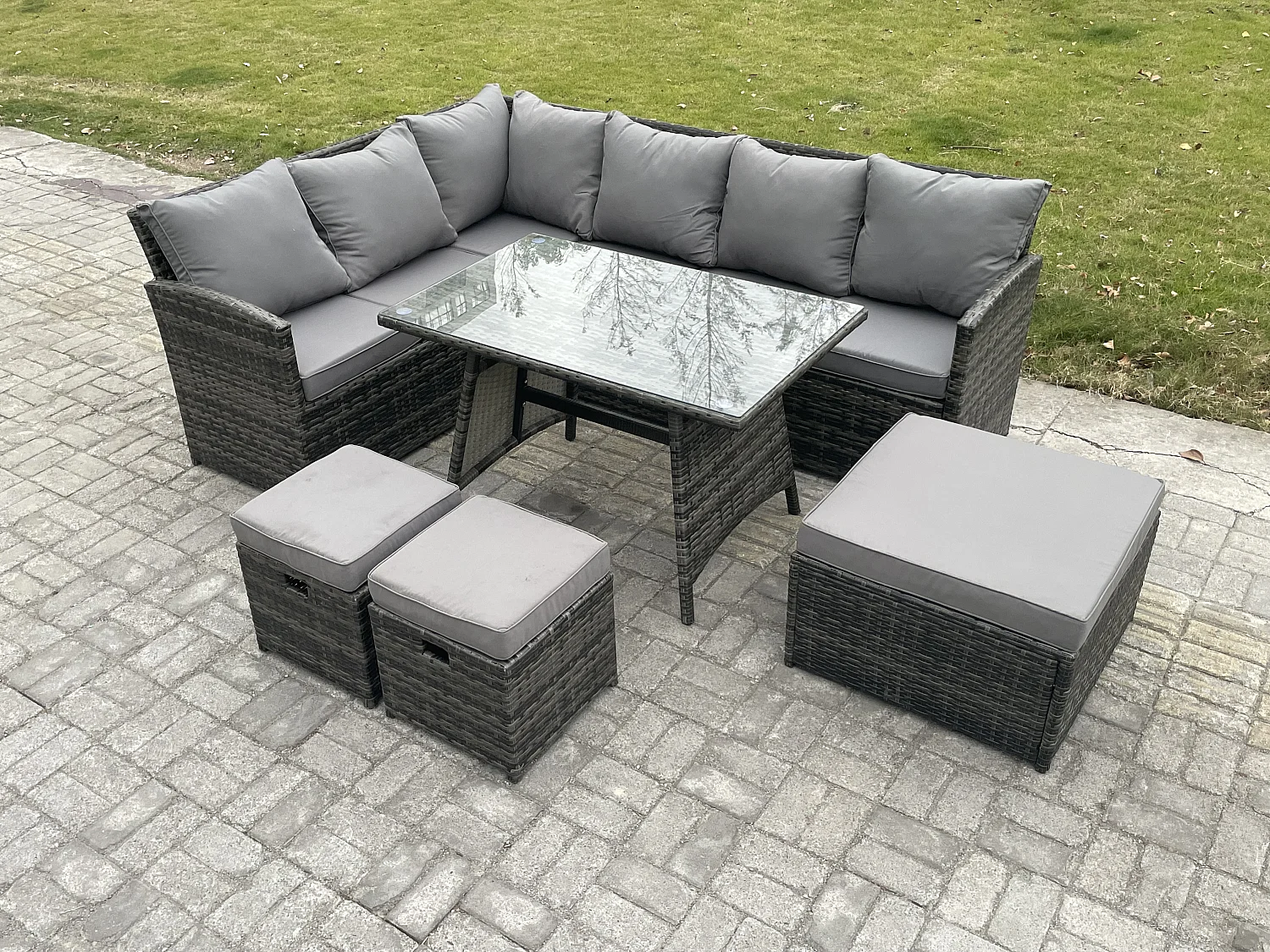 Outdoor Gartenmöbel-Set Ecksofa Set mit Länglicher Esstisch 3 Fußhockern 9 Sitzer Dunkelgrau gemischt