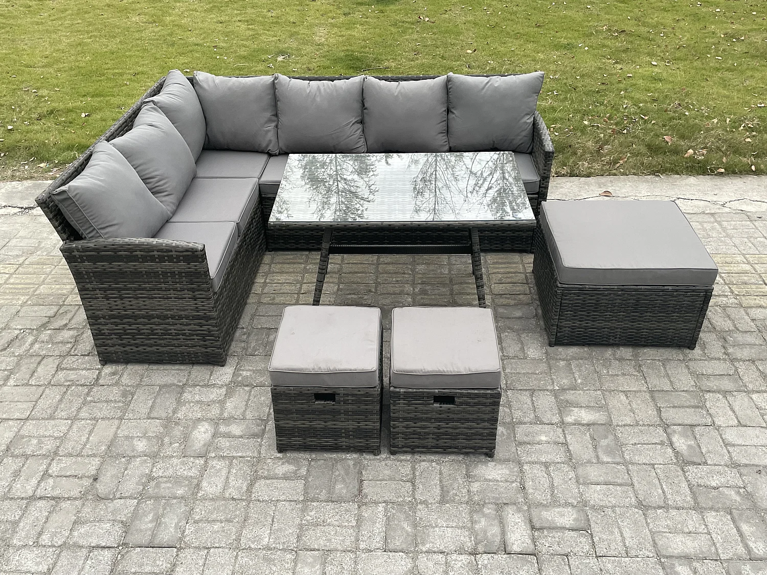 Outdoor Gartenmöbel-Set Ecksofa Set mit Länglicher Esstisch 3 Fußhockern 9 Sitzer Dunkelgrau gemischt