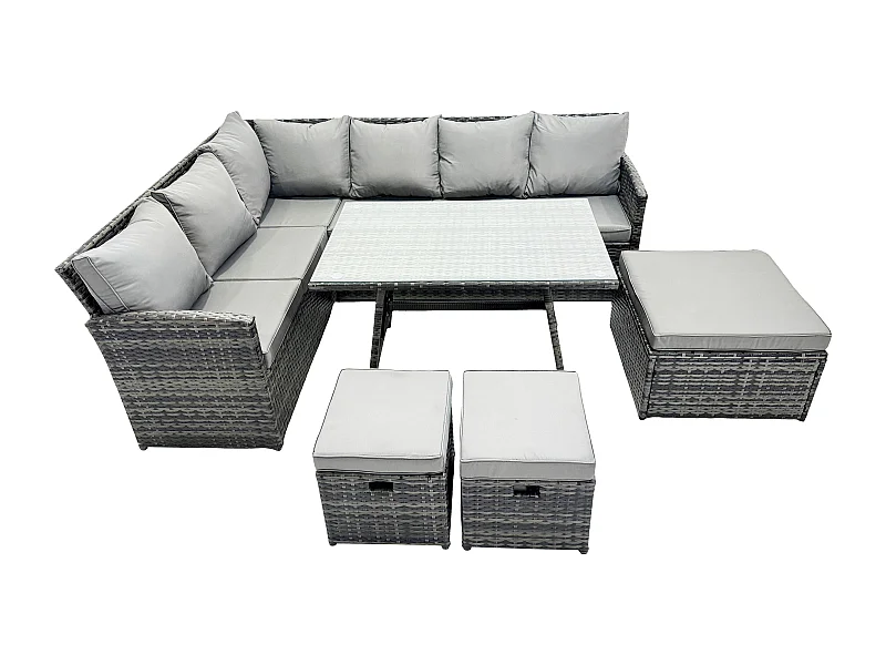 Outdoor Gartenmöbel-Set Ecksofa Set mit Länglicher Esstisch 3 Fußhockern 9 Sitzer Dunkelgrau gemischt