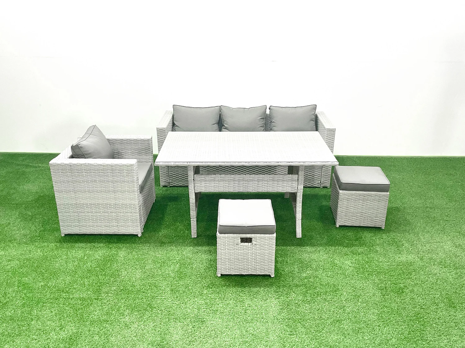 Gartenmöbel-Set aus Rattan mit Sofa Esstisch Kleiner Hockern Hellgrau gemischt
