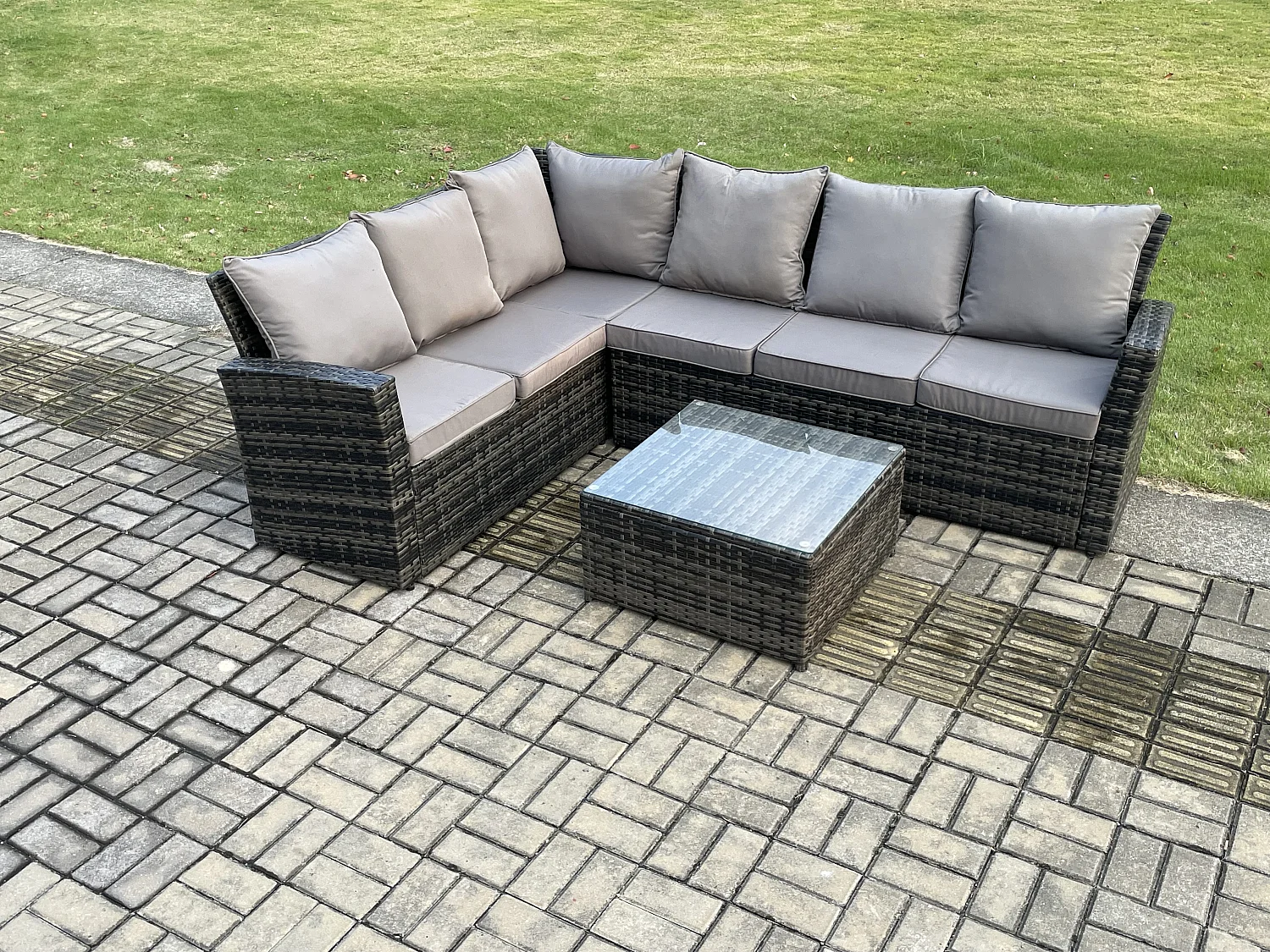 6 Sitzer Gartenlounge Set Rattan Ecksofa Set mit Quadratischer Couchtisch Dunkelgrau gemischt