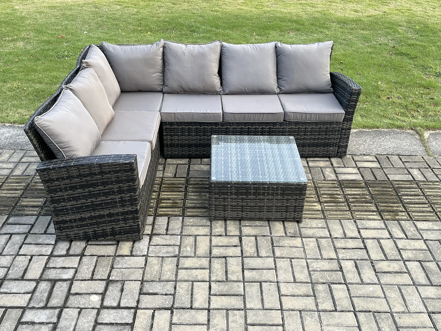 6 Sitzer Gartenlounge Set Rattan Ecksofa Set mit Quadratischer Couchtisch Dunkelgrau gemischt