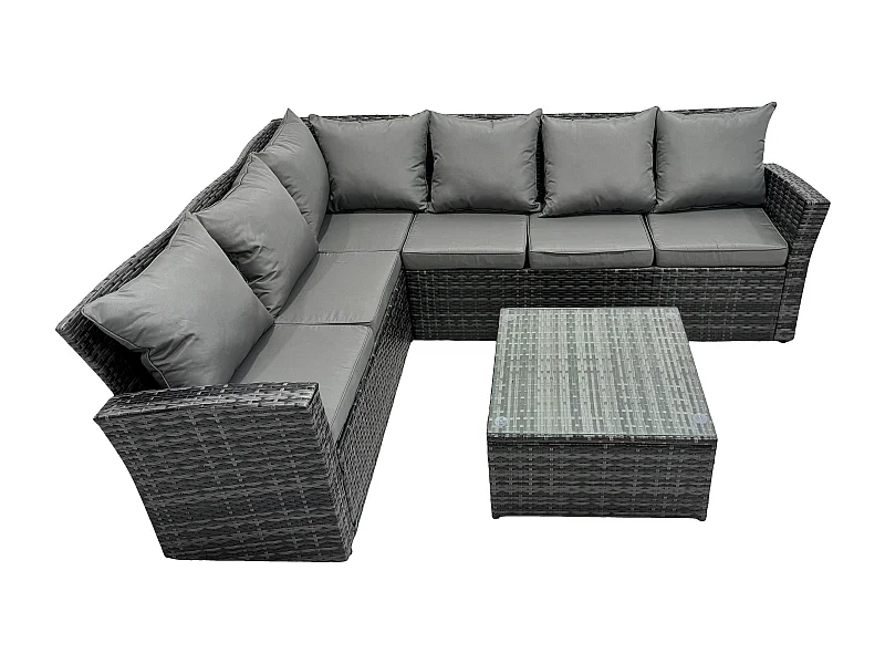 6 Sitzer Gartenlounge Set Rattan Ecksofa Set mit Quadratischer Couchtisch Dunkelgrau gemischt