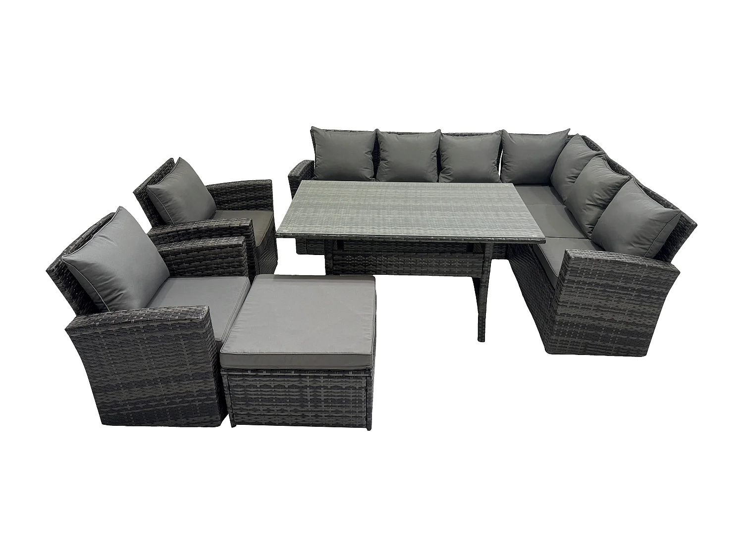 Fimous 9 Seater Garden Rattan Furniture Corner Sofa Dining Table Chairs Set with Big Footstool 2 Armchairs Indoor Outdoor Lounge Sofa Set