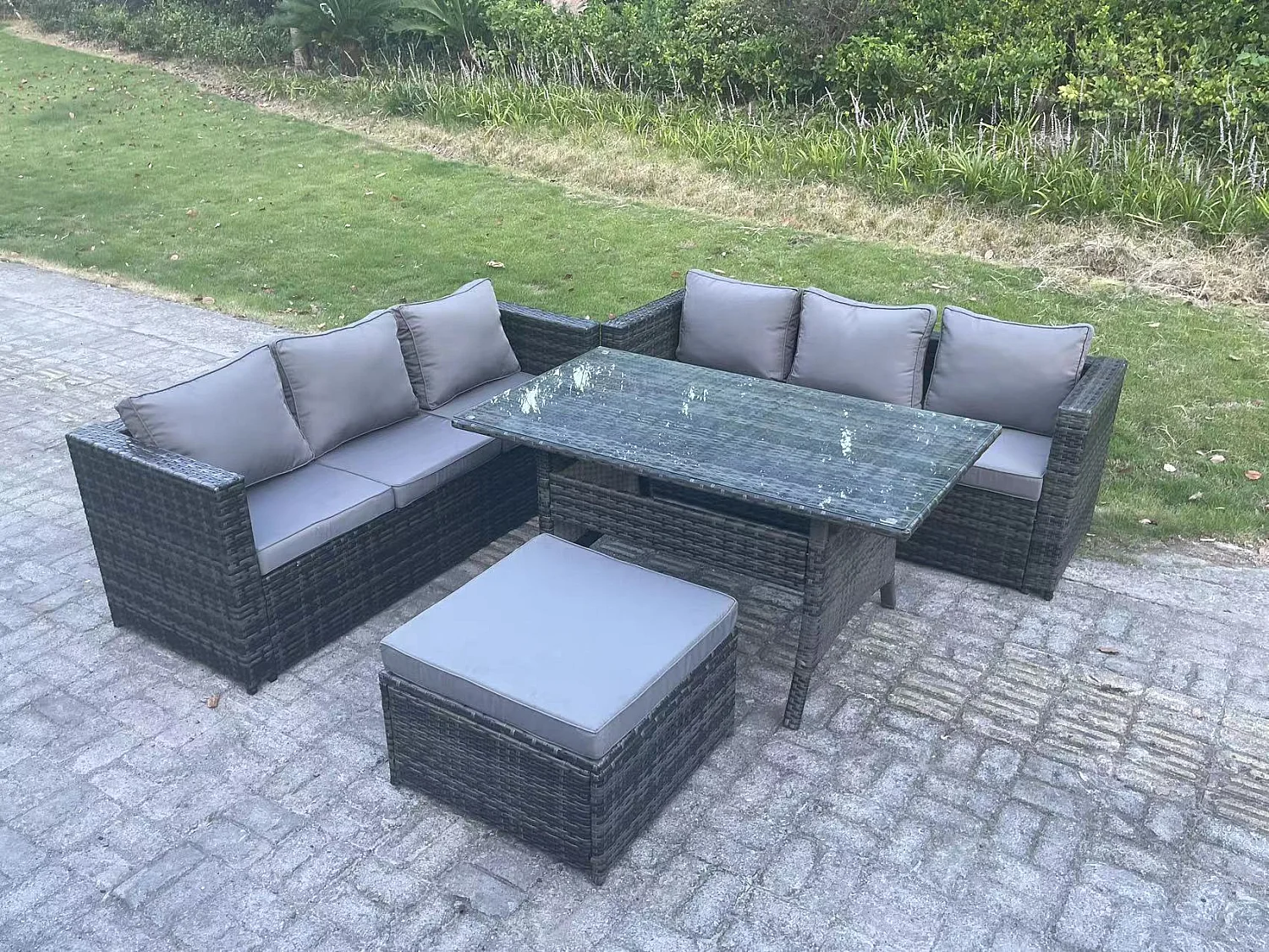 Polyrattan Gartenmöbel Set Terrassen Rattan Rechteckiger Esstisch Lounge Sofa mit Großer Fußhocker 7 Sitzer Dunkelgrau gemischt