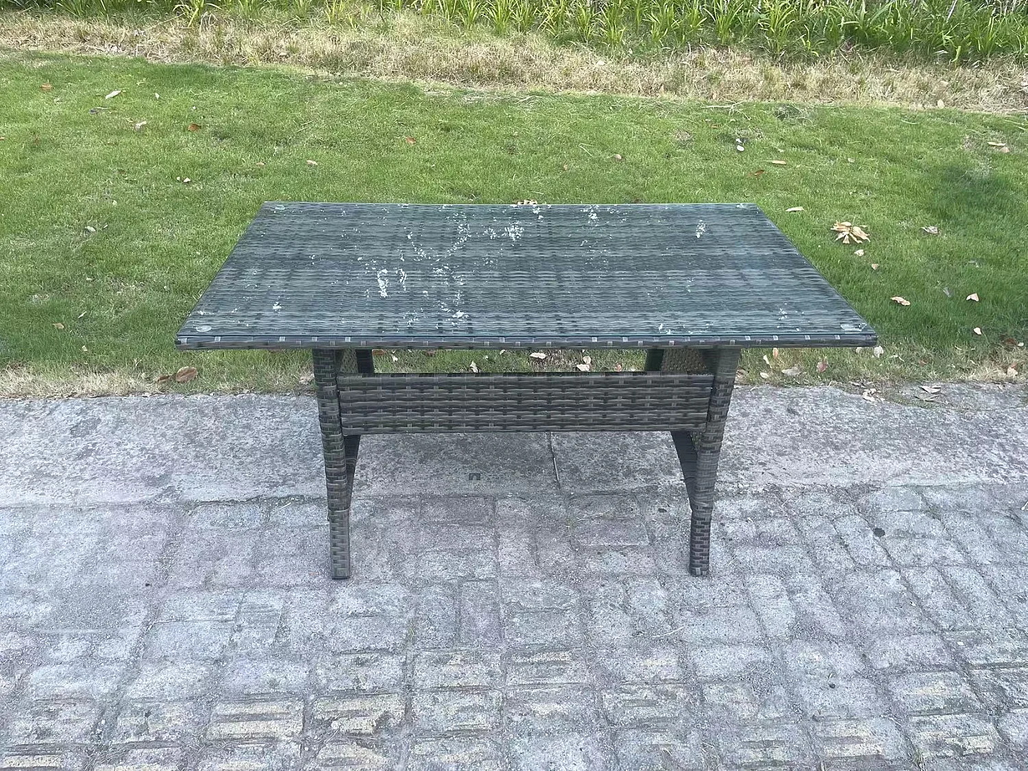 Polyrattan Gartenmöbel Set Terrassen Rattan Rechteckiger Esstisch Lounge Sofa mit Großer Fußhocker 7 Sitzer Dunkelgrau gemischt