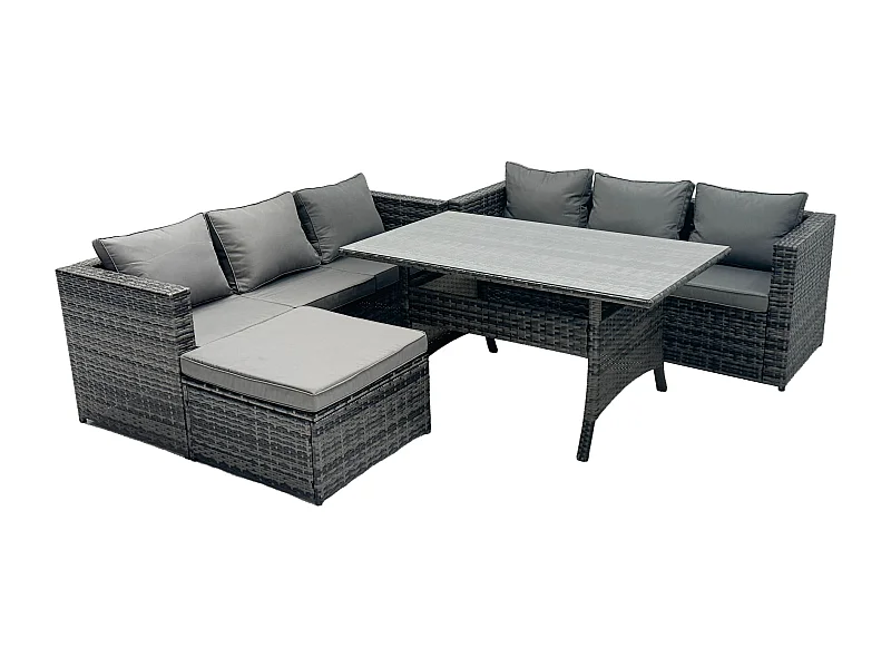 Polyrattan Gartenmöbel Set Terrassen Rattan Rechteckiger Esstisch Lounge Sofa mit Großer Fußhocker 7 Sitzer Dunkelgrau gemischt