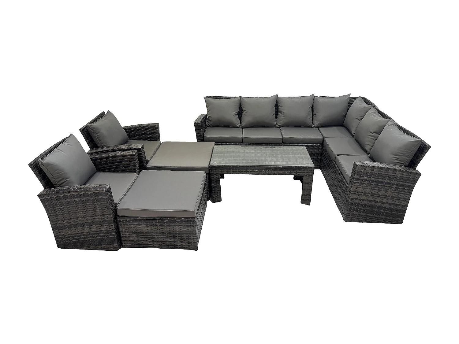 Fimous Rattan Corner Sofa Garden Furniture Set with 2 Big Footstool Rectangular Coffee Table 2 Armchairs with Cushion Dark Grey Mixed