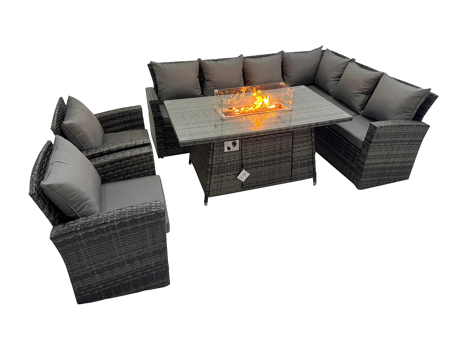 Fimous High Back Rattan Corne r Sofa Set Garden Furniture Sofa Gas Fire Pit Dining Table Gas Heater With 2 Arm Chair 8 Seater