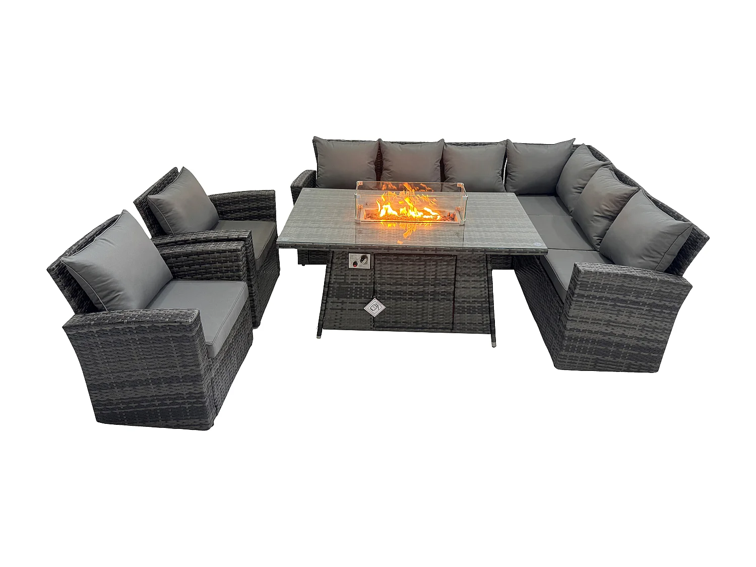 Fimous High Back Rattan Corne r Sofa Set Garden Furniture Sofa Gas Fire Pit Dining Table Gas Heater With 2 Arm Chair 8 Seater