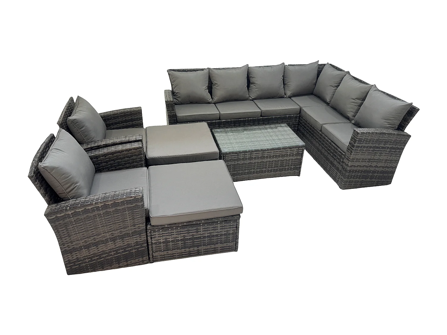 Fimous 10 Seater High Back Outdoor Garden Furniture Set Rattan Corner Sofa Set With Rectangular Coffee Table 2 Big Footstool 2 Armchairs Dark Grey Mixed