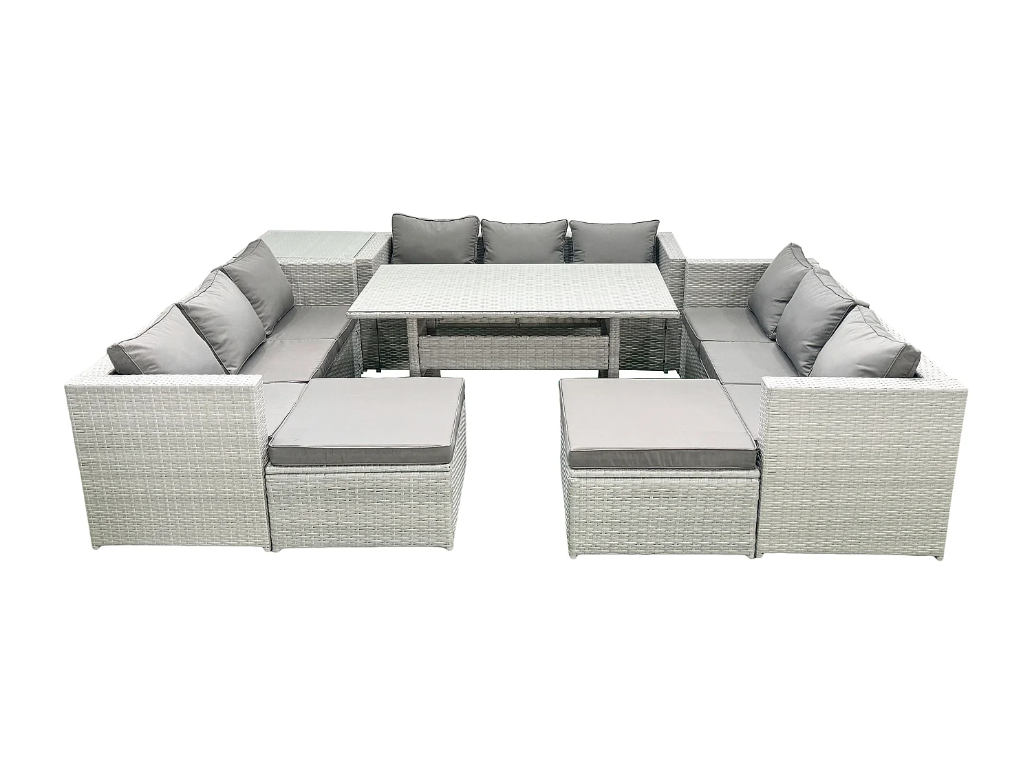 Fimous Rattan Garden Outdoor Furniture Set 11 Seater Garden Sofa Rectangulr Dining Table Set with 2 Big Footstools Side Table Light Grey Mixed