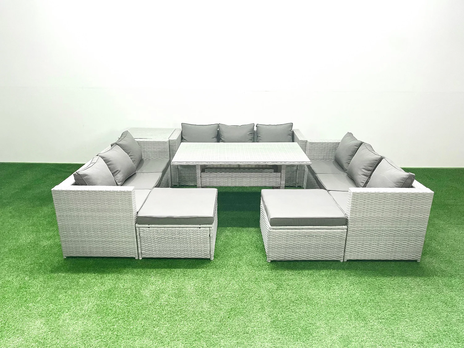 Fimous Rattan Garden Outdoor Furniture Set 11 Seater Garden Sofa Rectangulr Dining Table Set with 2 Big Footstools Side Table Light Grey Mixed