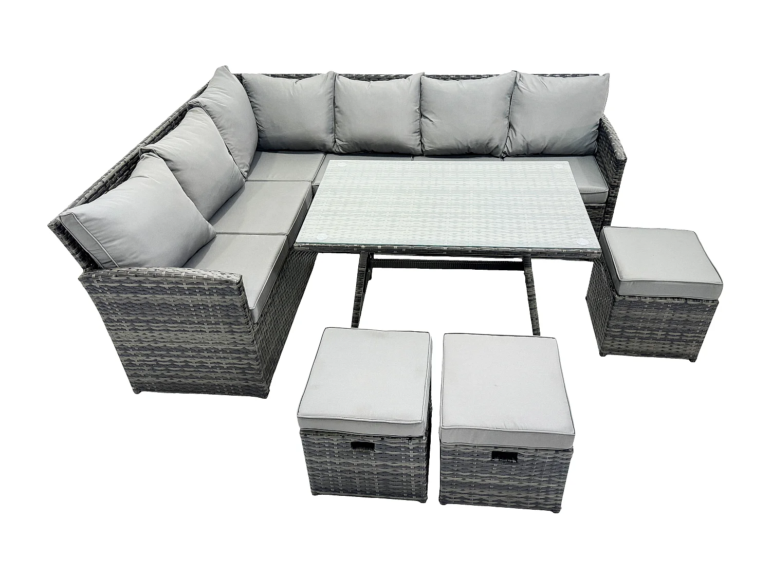 Outdoor Gartenmöbel-Set Ecksofa Set mit Länglicher Esstisch 3 Kleine Hockern 9 Sitzer Dunkelgrau gemischt