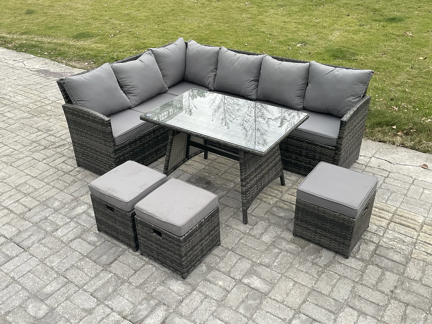 Outdoor Gartenmöbel-Set Ecksofa Set mit Länglicher Esstisch 3 Kleine Hockern 9 Sitzer Dunkelgrau gemischt