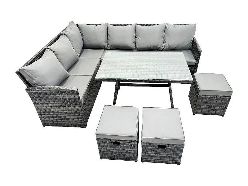 Outdoor Gartenmöbel-Set Ecksofa Set mit Länglicher Esstisch 3 Kleine Hockern 9 Sitzer Dunkelgrau gemischt