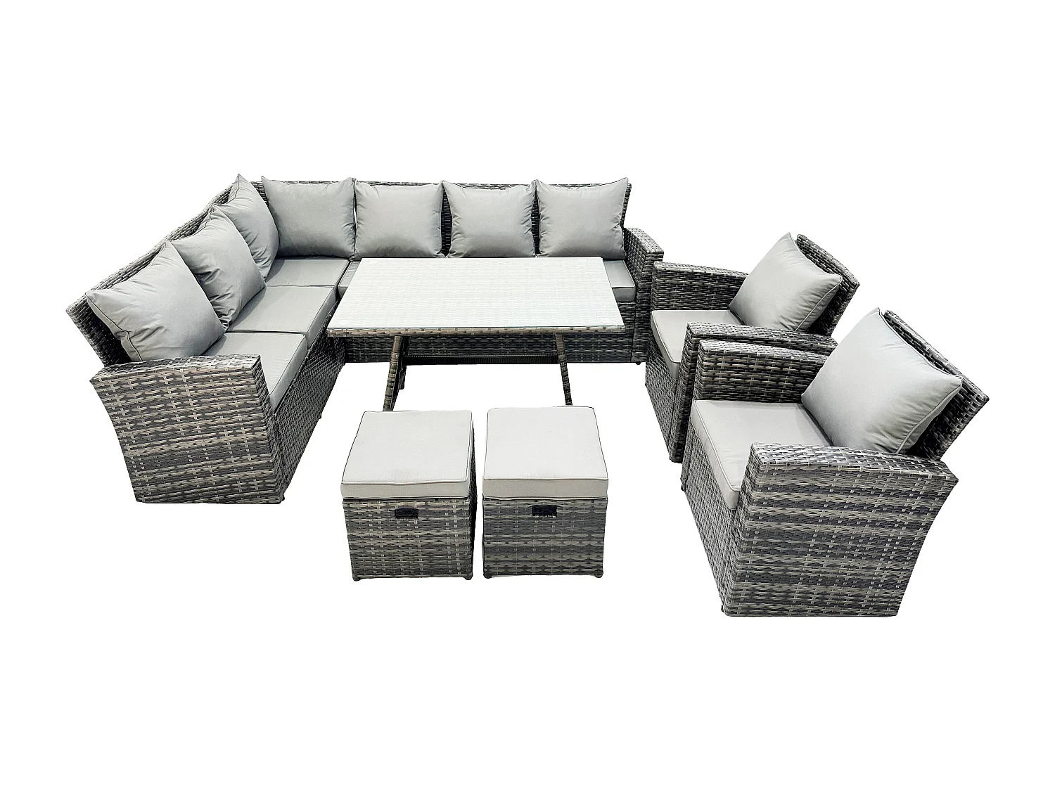 Fimous High Back Outdoor Garden Furniture Set Rattan Corner Sofa Dining Table Set With Armchairs 2 Small Footstools 10 Seater Dark Grey Mixed Left Corner