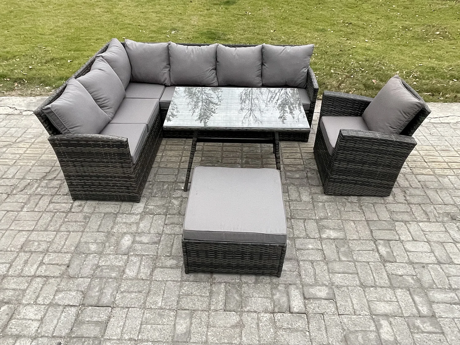 Outdoor Gartenmöbel-Set Ecksofa Set mit Länglicher Esstisch Großer Fußhocker Sesseln Dunkelgrau gemischt