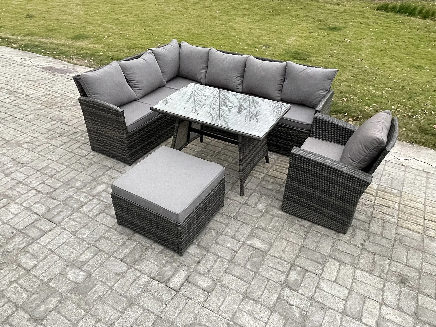 Outdoor Gartenmöbel-Set Ecksofa Set mit Länglicher Esstisch Großer Fußhocker Sesseln Dunkelgrau gemischt