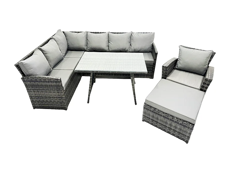Outdoor Gartenmöbel-Set Ecksofa Set mit Länglicher Esstisch Großer Fußhocker Sesseln Dunkelgrau gemischt