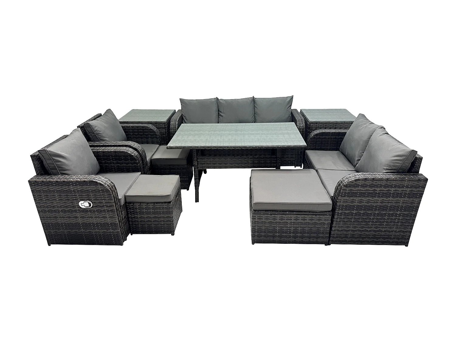 Fimous 10 Seater Garden Rattan Furniture Dining Table Sofa Set Indoor Outdoor with 2 Reclining Chairs 2 Side Tables 3 Footstools Dark Grey Mixed