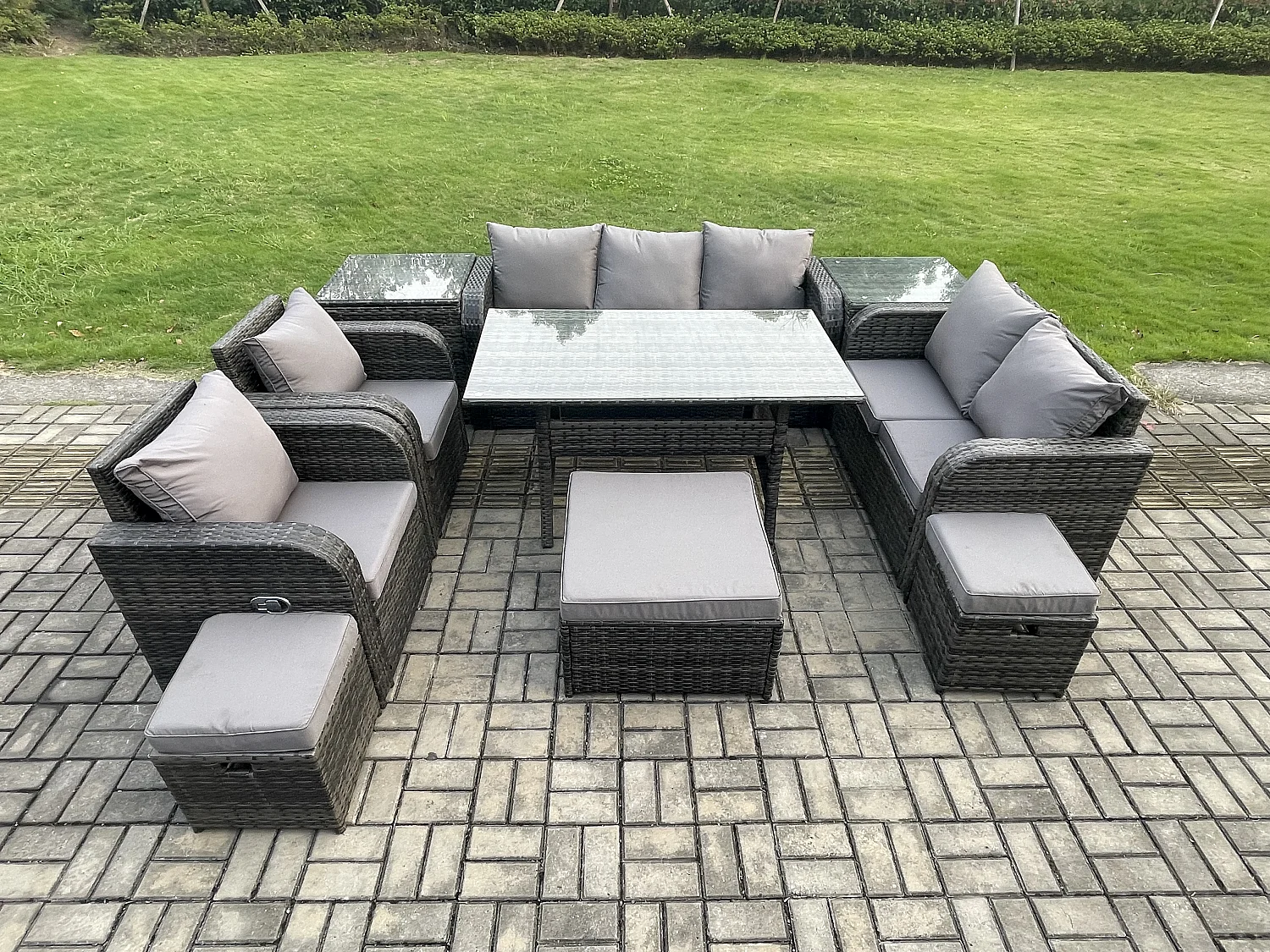 Fimous 10 Seater Garden Rattan Furniture Dining Table Sofa Set Indoor Outdoor with 2 Reclining Chairs 2 Side Tables 3 Footstools Dark Grey Mixed