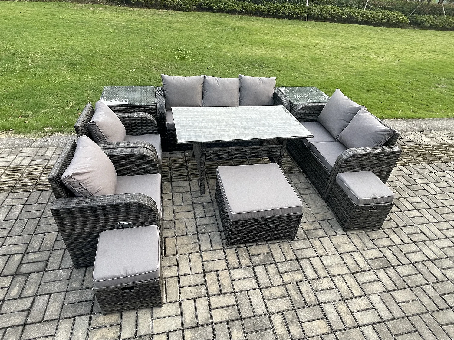 Fimous 10 Seater Garden Rattan Furniture Dining Table Sofa Set Indoor Outdoor with 2 Reclining Chairs 2 Side Tables 3 Footstools Dark Grey Mixed