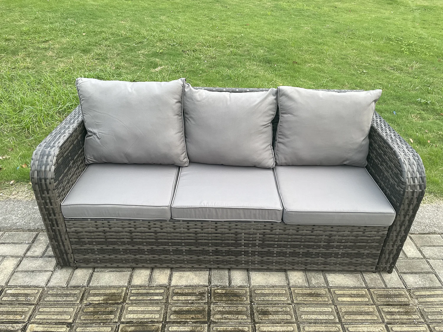 Fimous 10 Seater Garden Rattan Furniture Dining Table Sofa Set Indoor Outdoor with 2 Reclining Chairs 2 Side Tables 3 Footstools Dark Grey Mixed