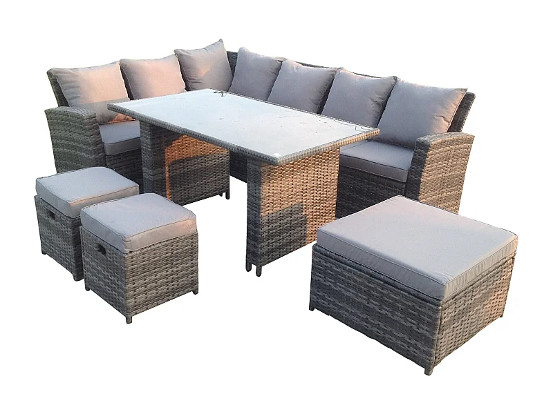 9 Sitzer Hoher Rücken Rattan Gartenmöbel-Set Ecksofa mit Schwarz gehärtet Esstisch 3 Hockern