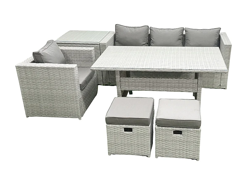 Rattan Gartenmöbel Essgarnitur 6 Sitzer Lounge Sofa Stuhl Esstisch Set mit 2 kleine Fußhockern Beistelltisch Hellgrau gemischt