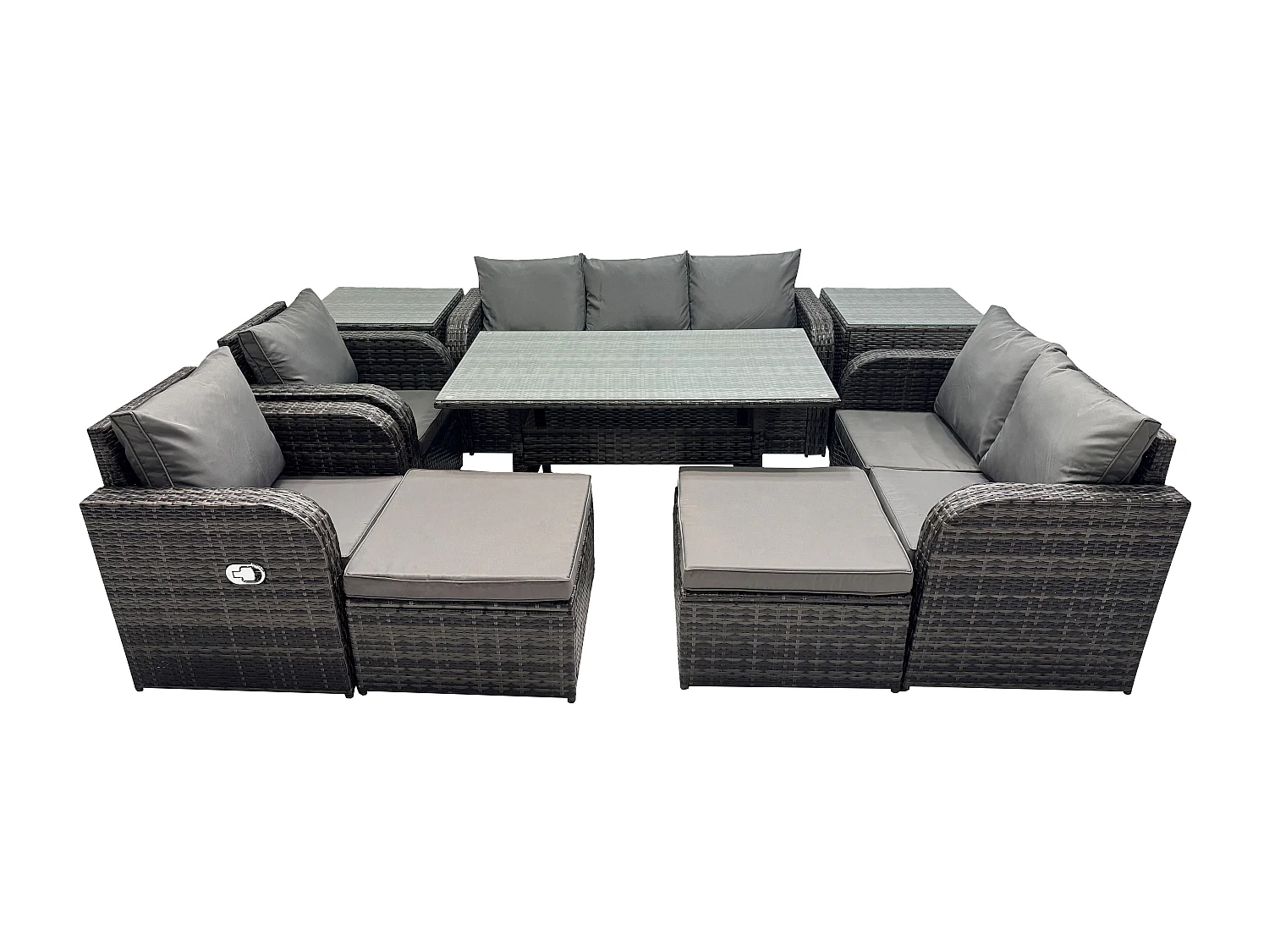 Fimous 9 Seater Garden Rattan Furniture Dining Table Sofa Set Indoor Outdoor with 2 Reclining Chairs 2 Side Tables 2 Big Footstool Dark Grey Mixed