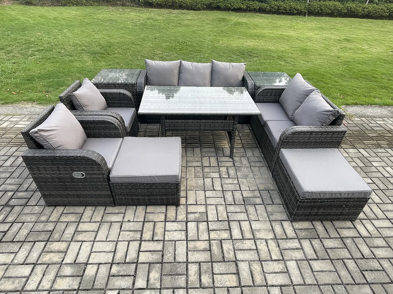 Fimous 9 Seater Garden Rattan Furniture Dining Table Sofa Set Indoor Outdoor with 2 Reclining Chairs 2 Side Tables 2 Big Footstool Dark Grey Mixed