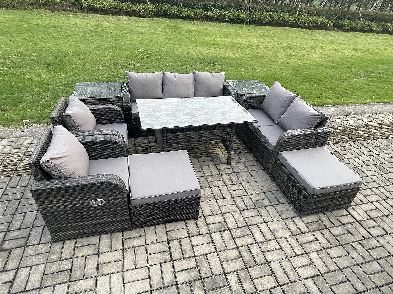Fimous 9 Seater Garden Rattan Furniture Dining Table Sofa Set Indoor Outdoor with 2 Reclining Chairs 2 Side Tables 2 Big Footstool Dark Grey Mixed