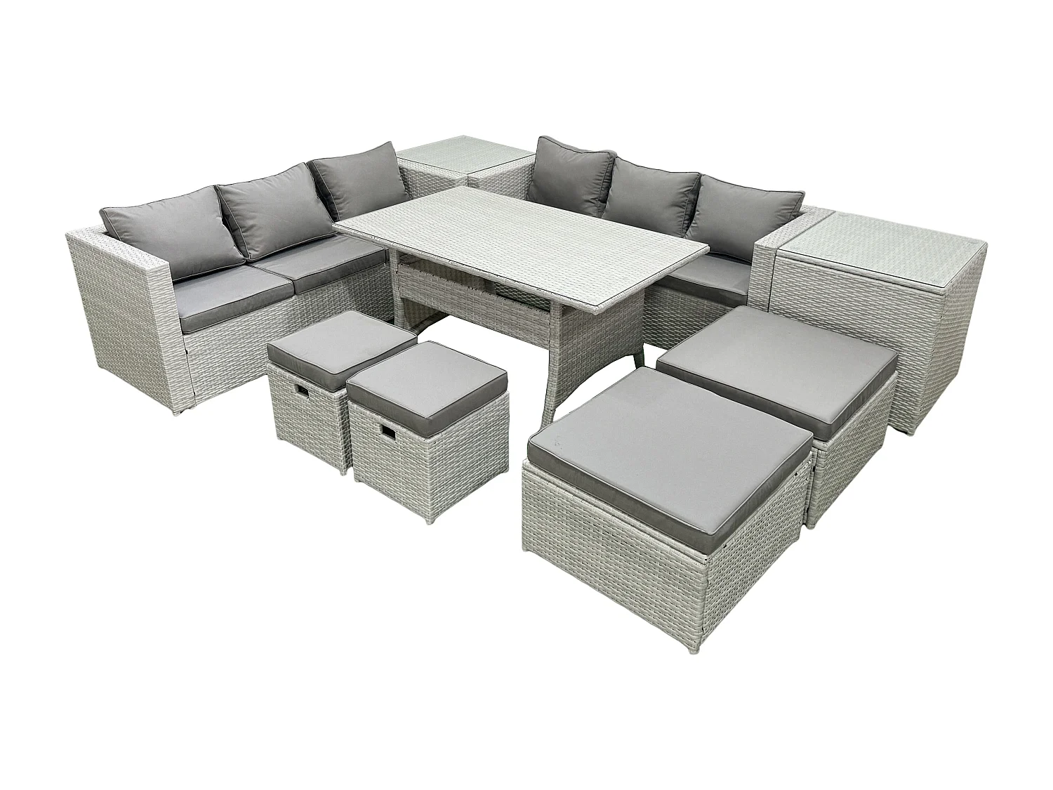 Fimous Rattan Garden Furniture Set Outdoor 10 Seater Patio Dining Sets with Glass Top Dining Table 2 Side Tables Light Grey Mixed