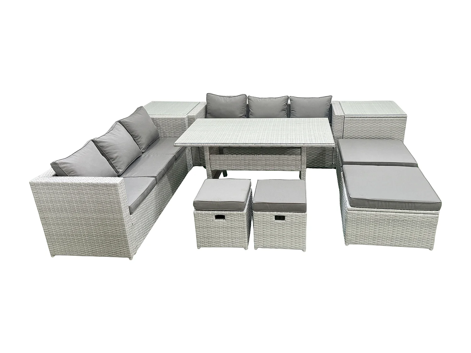 Fimous Rattan Garden Furniture Set Outdoor 10 Seater Patio Dining Sets with Glass Top Dining Table 2 Side Tables Light Grey Mixed