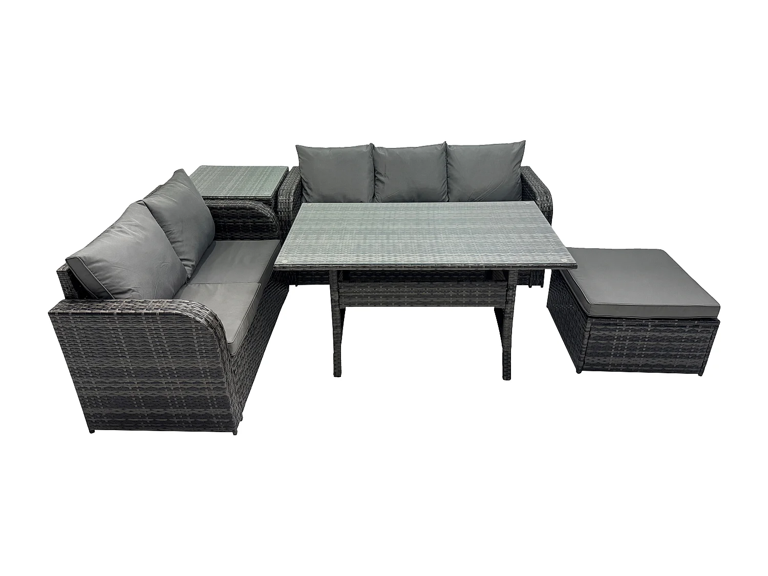 Fimous Outdoor Garden Patio Furniture Wicker Rattan Oblong Rectangular Dining Table and Lounge Sofa set with Side Table Big Footstool Dark Grey Mixed