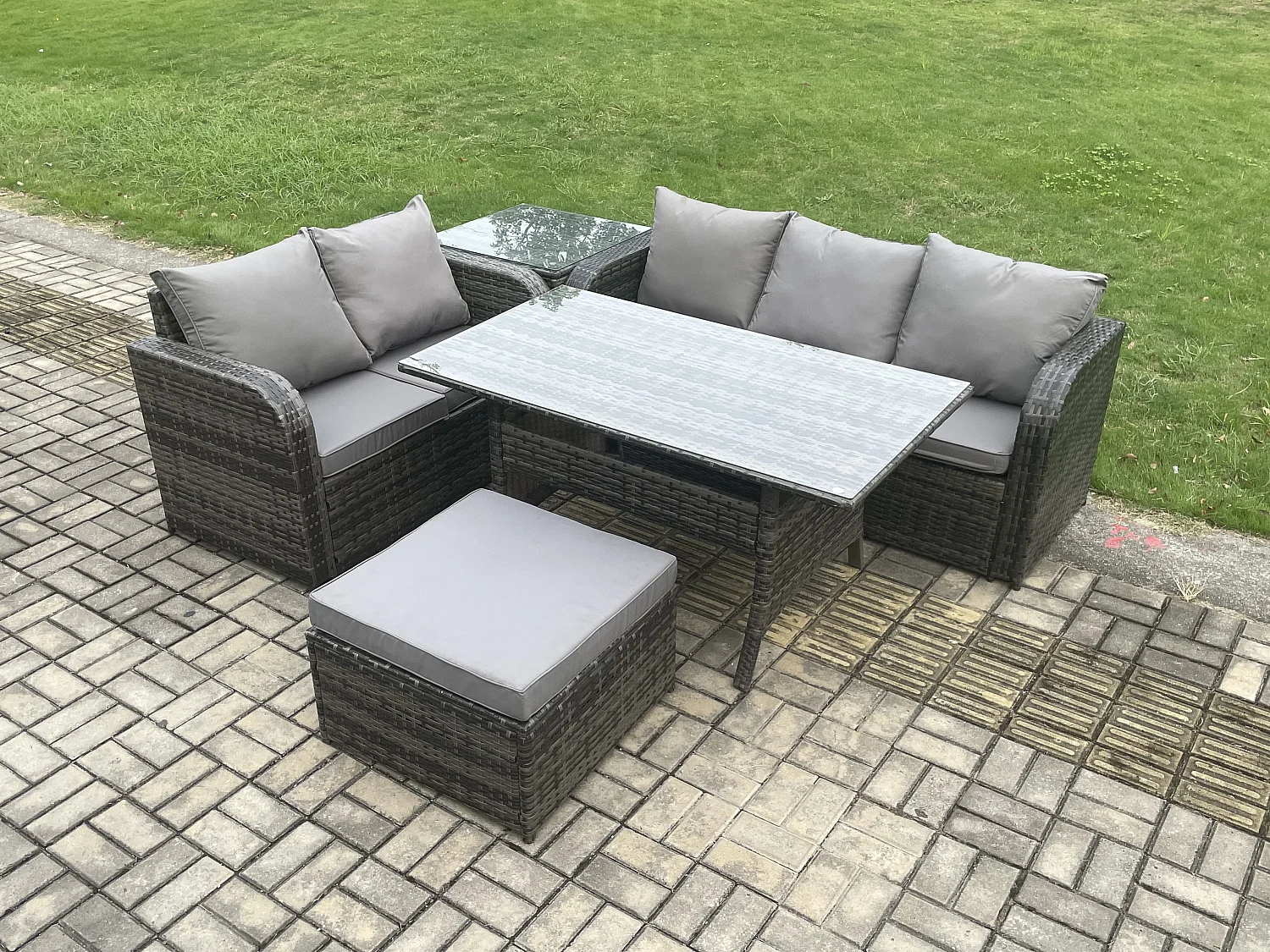Fimous Outdoor Garden Patio Furniture Wicker Rattan Oblong Rectangular Dining Table and Lounge Sofa set with Side Table Big Footstool Dark Grey Mixed