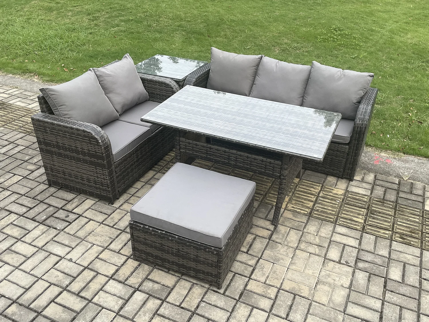 Fimous Outdoor Garden Patio Furniture Wicker Rattan Oblong Rectangular Dining Table and Lounge Sofa set with Side Table Big Footstool Dark Grey Mixed