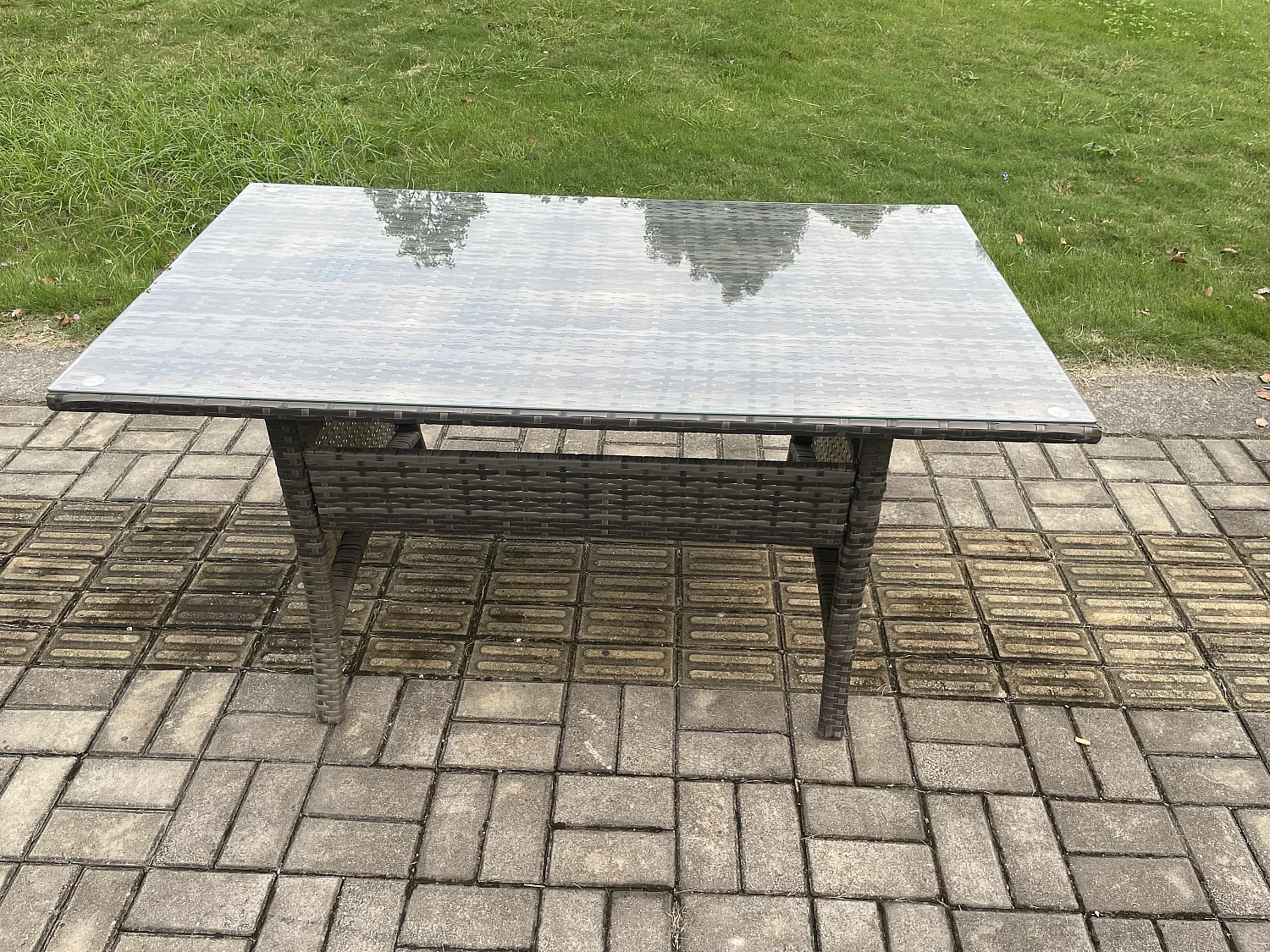 Fimous Outdoor Garden Patio Furniture Wicker Rattan Oblong Rectangular Dining Table and Lounge Sofa set with Side Table Big Footstool Dark Grey Mixed
