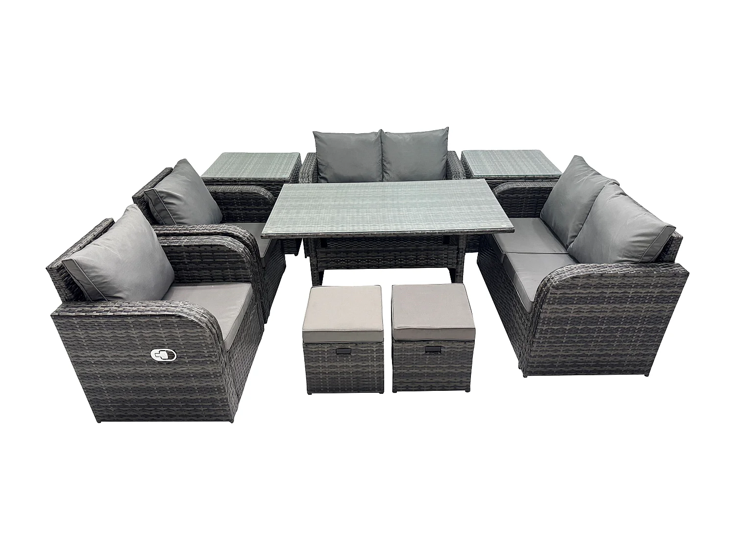 Fimous Outdoor Rattan Garden Furniture 9 piece Grey Patio Furniture Set 8 Seater Lounge Sofa Set with Rectangular Table Reclining Chairs 2 Stools 2 Side Tables