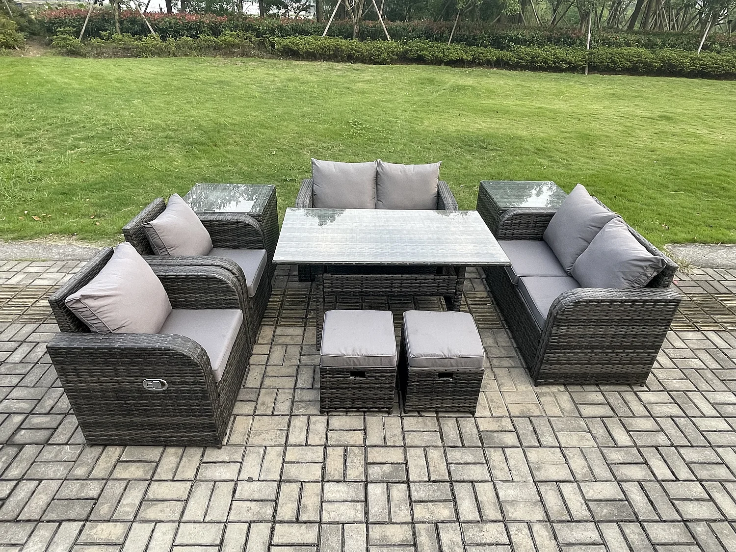 Fimous Outdoor Rattan Garden Furniture 9 piece Grey Patio Furniture Set 8 Seater Lounge Sofa Set with Rectangular Table Reclining Chairs 2 Stools 2 Side Tables