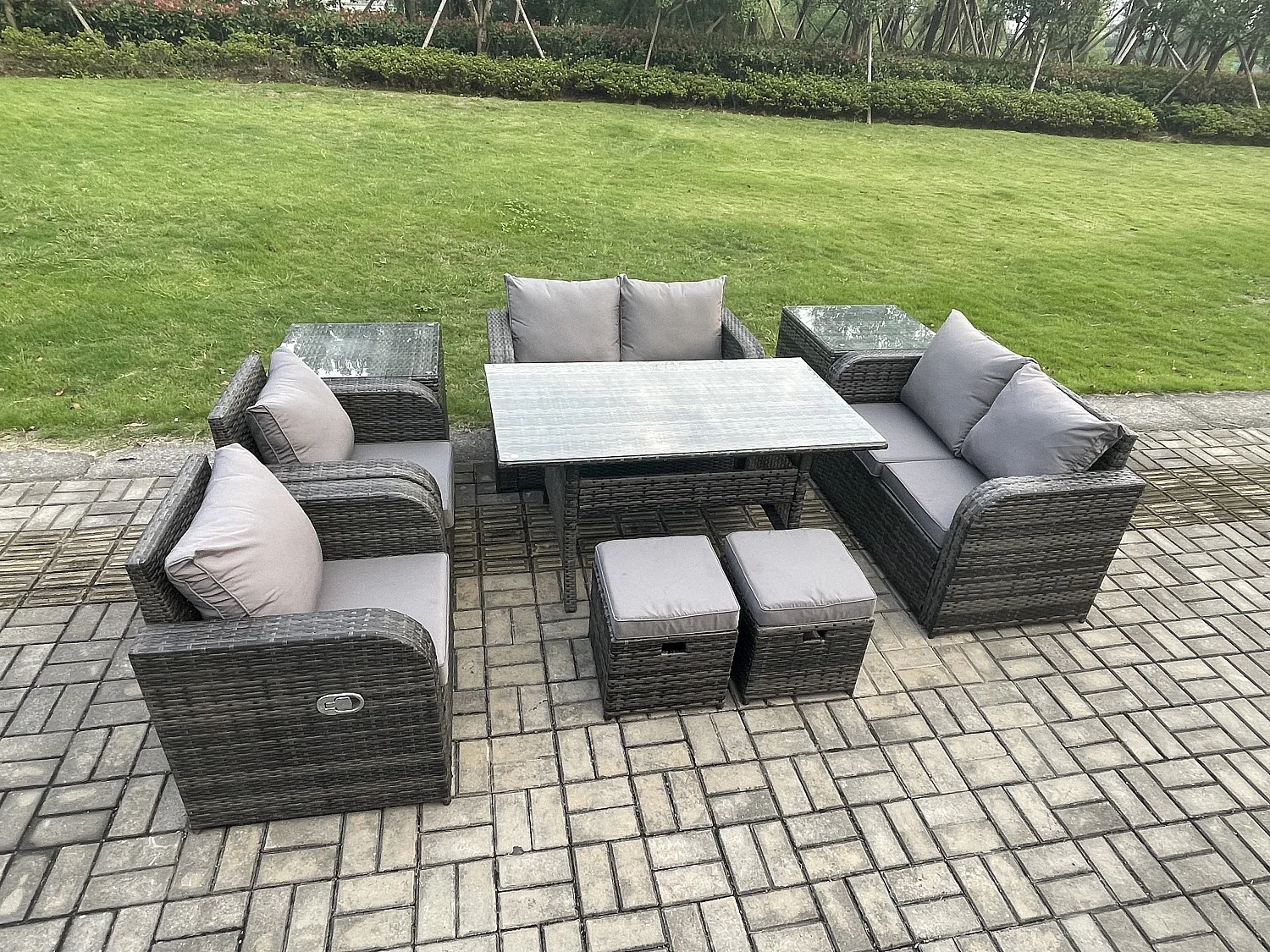 Fimous Outdoor Rattan Garden Furniture 9 piece Grey Patio Furniture Set 8 Seater Lounge Sofa Set with Rectangular Table Reclining Chairs 2 Stools 2 Side Tables