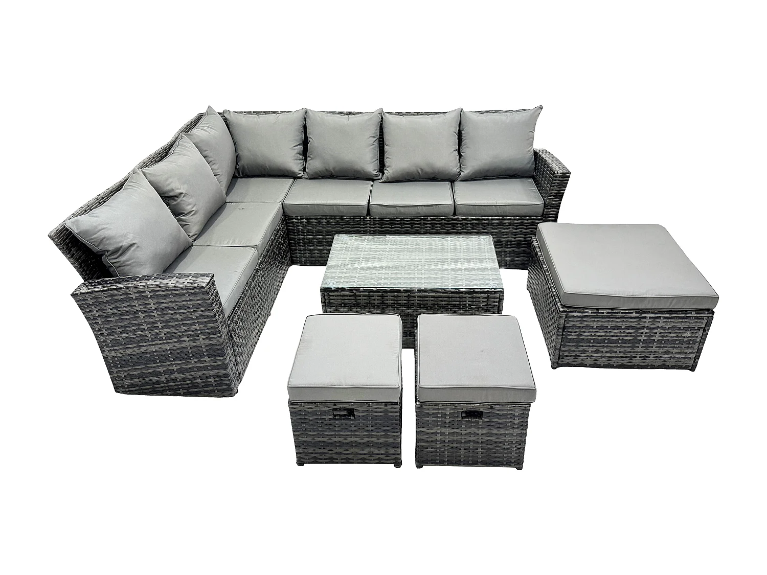 9 Sitzer Hoher Rücken Rattan Gartenmöbel Set Rattan Ecksofa Set mit Rechteckiger Couchtisch 3 Fußhockern Dunkelgrau gemischt