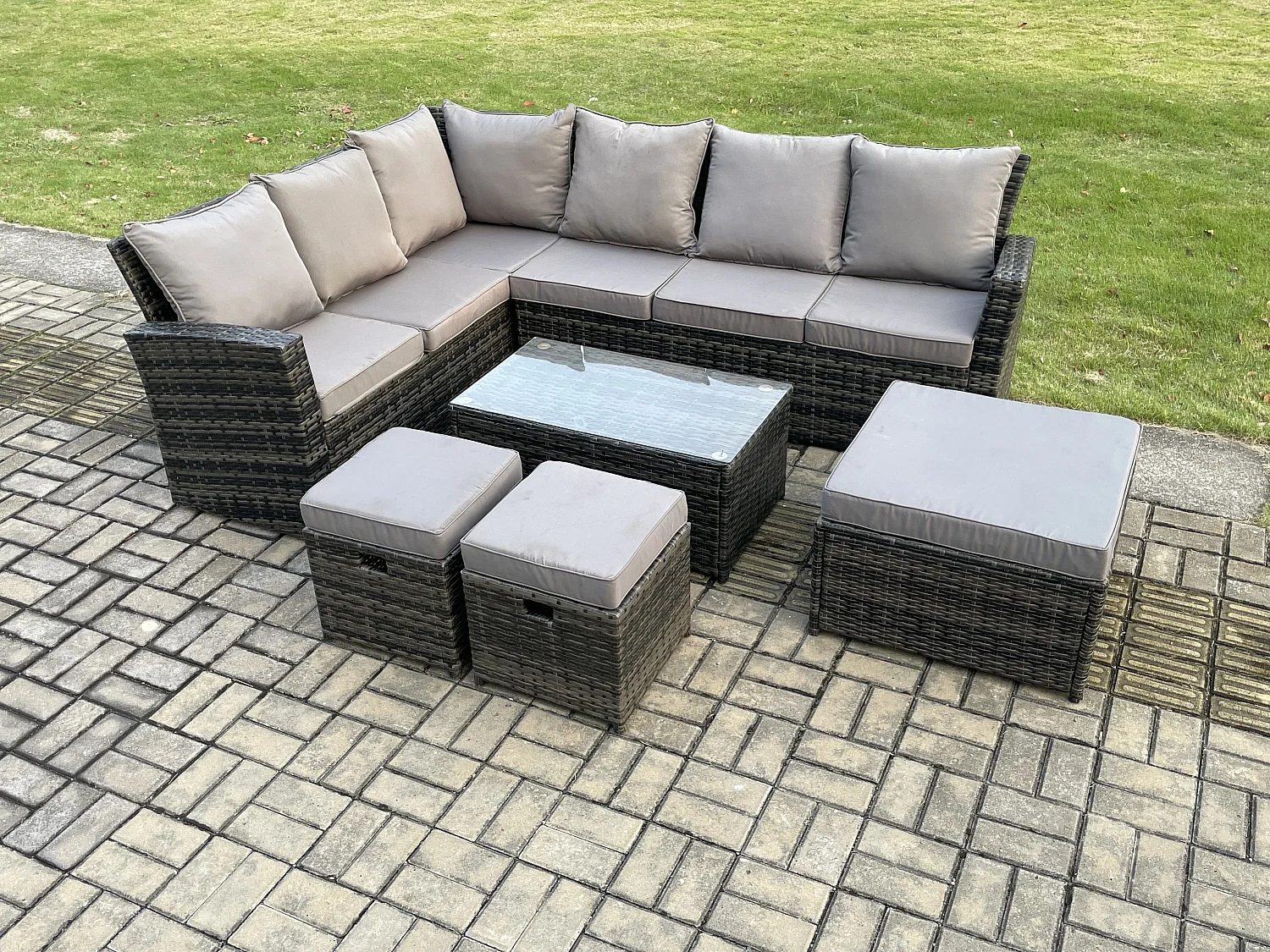 9 Sitzer Hoher Rücken Rattan Gartenmöbel Set Rattan Ecksofa Set mit Rechteckiger Couchtisch 3 Fußhockern Dunkelgrau gemischt
