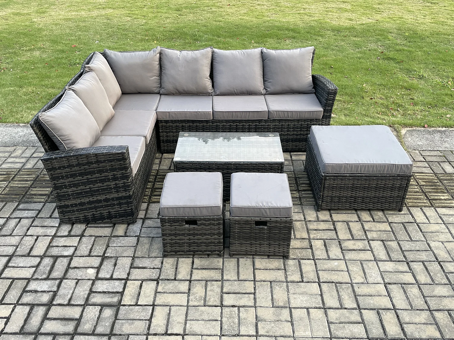 9 Sitzer Hoher Rücken Rattan Gartenmöbel Set Rattan Ecksofa Set mit Rechteckiger Couchtisch 3 Fußhockern Dunkelgrau gemischt